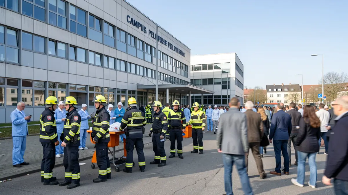 Generieke afbeelding van een grootschalige rampenoefening op Campus Pellenberg met hulpverleners en ziekenhuispersoneel.