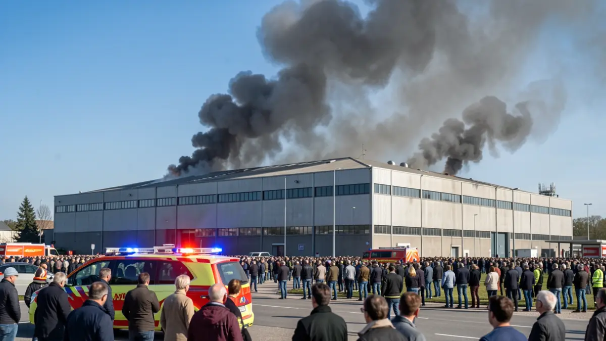 Generic image of a fire at an industrial site with heavy smoke and emergency services.