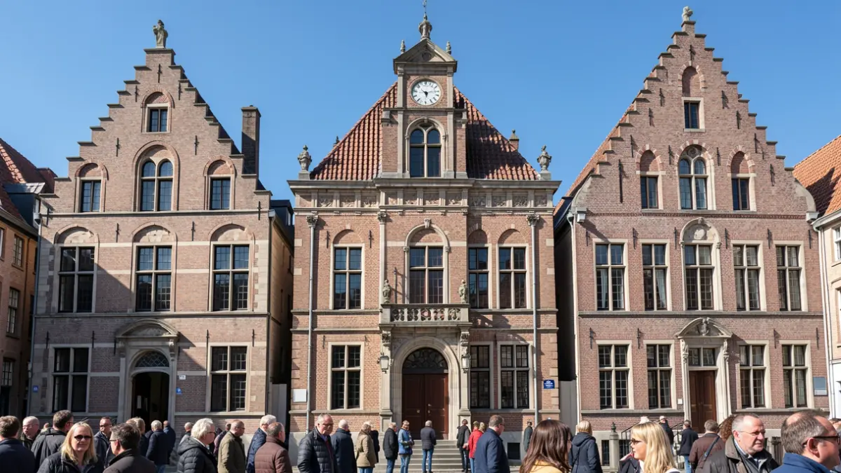Three Flemish town halls with different architectural styles under a blue sky.