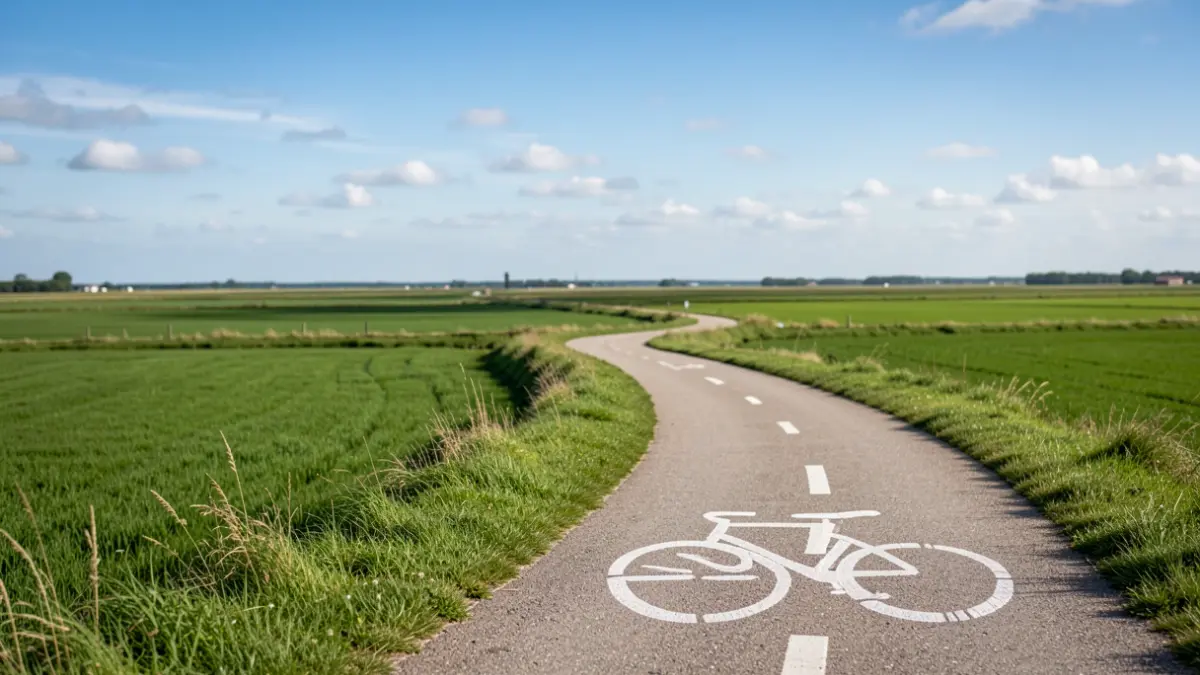 A scenic view of the polder landscape with a bicycle path.