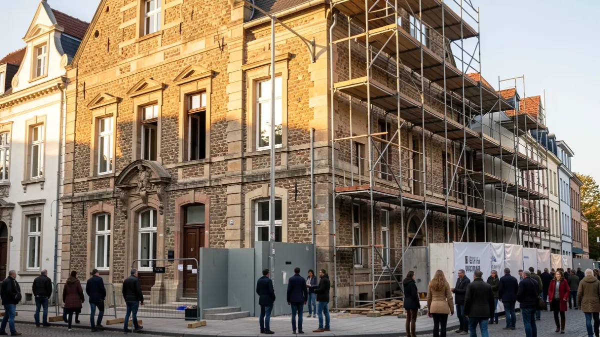 Een gerenoveerd historisch gebouw in Borchtlombeek met moderne toevoegingen, gefotografeerd in de namiddagzon.