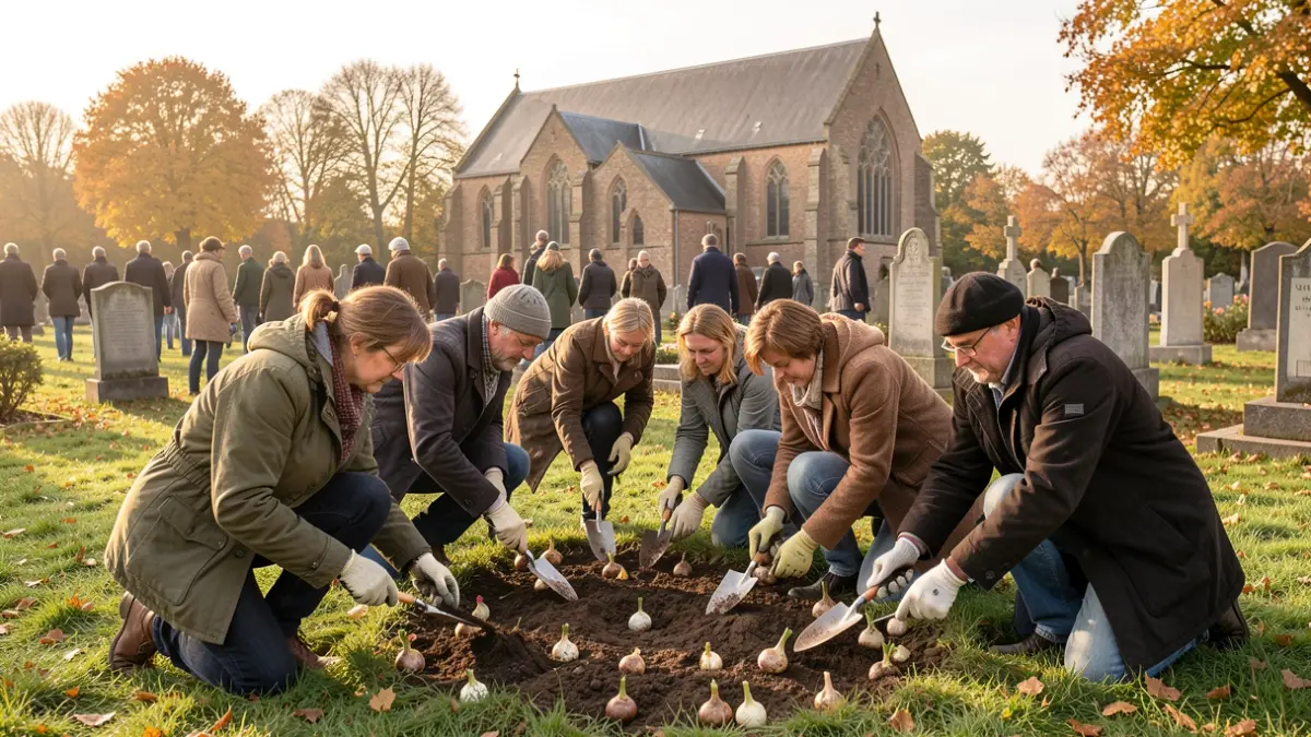 Vrijwilligers planten bloembollen in Herent nabij een kerk en begraafplaats.