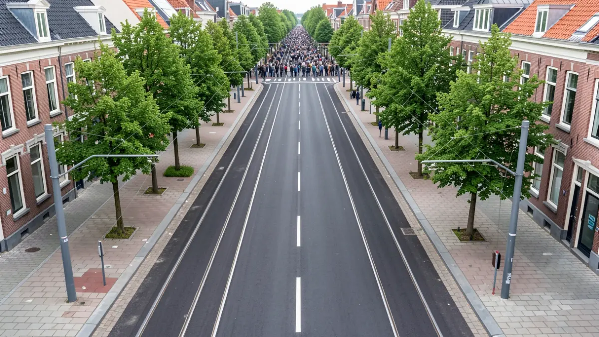 Generic image of a renewed street in Flanders with tram tracks and trees.