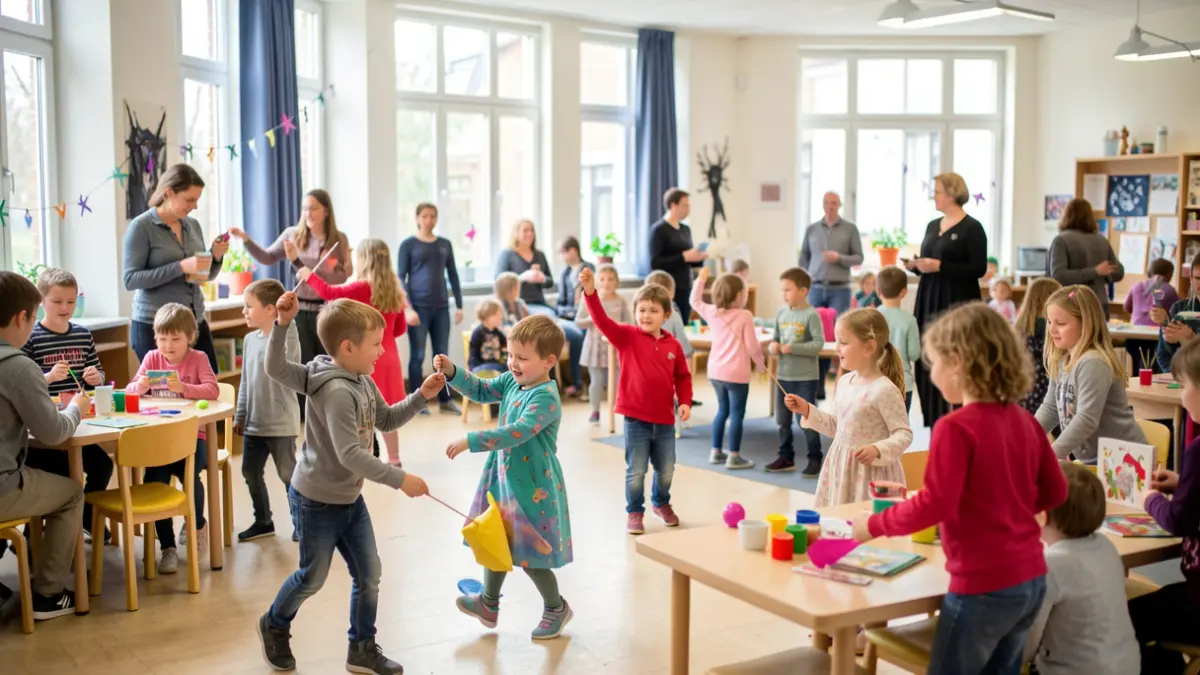 Kinderen nemen deel aan dans-, spel- en knutselactiviteiten tijdens een herfstkamp met een magisch thema.