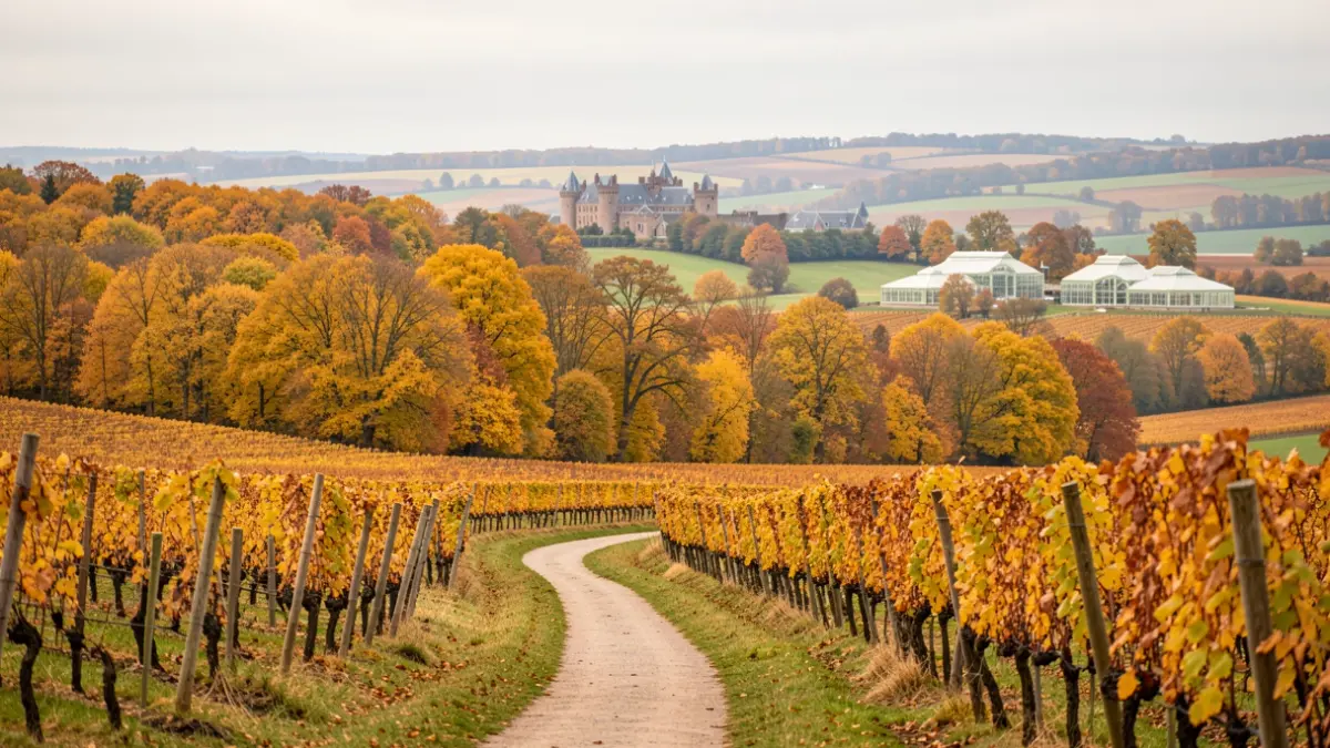 Herfstlandschap in de Druivenstreek met gouden bossen en wandelpaden, met kastelen en serres op de achtergrond.