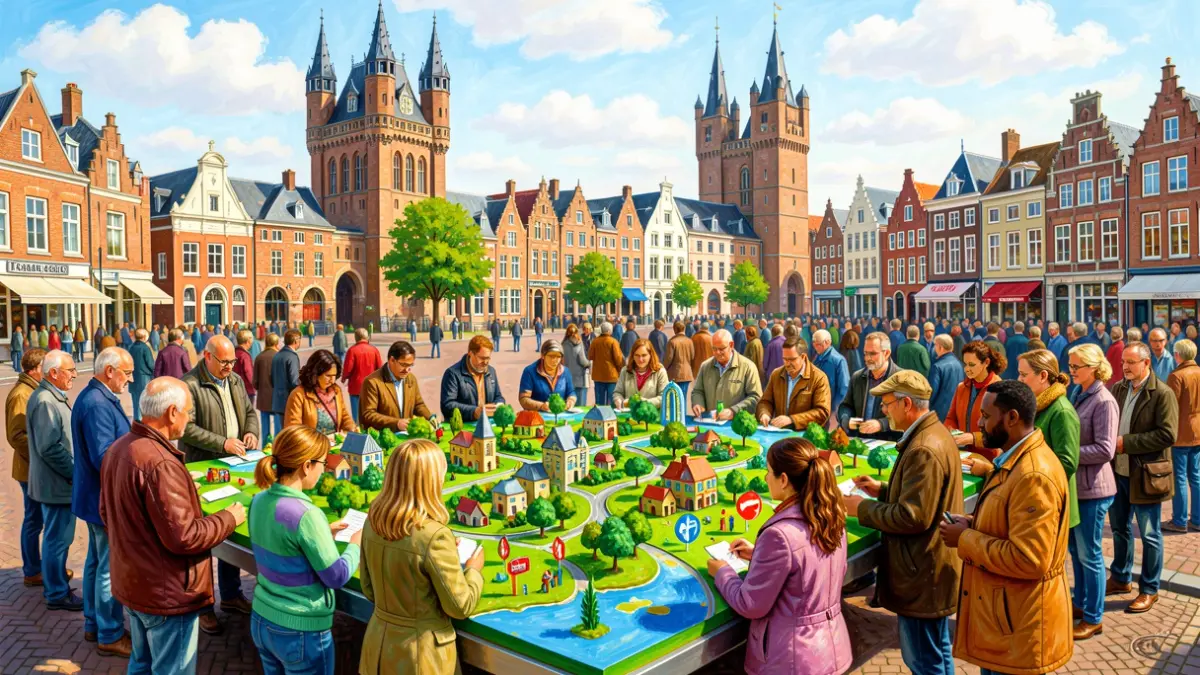 A vibrant, colorful painting in the style of Herr Seele's Cowboy Henk, depicting diverse people collaborating on a green city model, with elements of nature and community symbols, set against a backdrop of Kortrijk's recognizable architecture like the Broelt Towers. The overall mood is optimistic and inspiring.