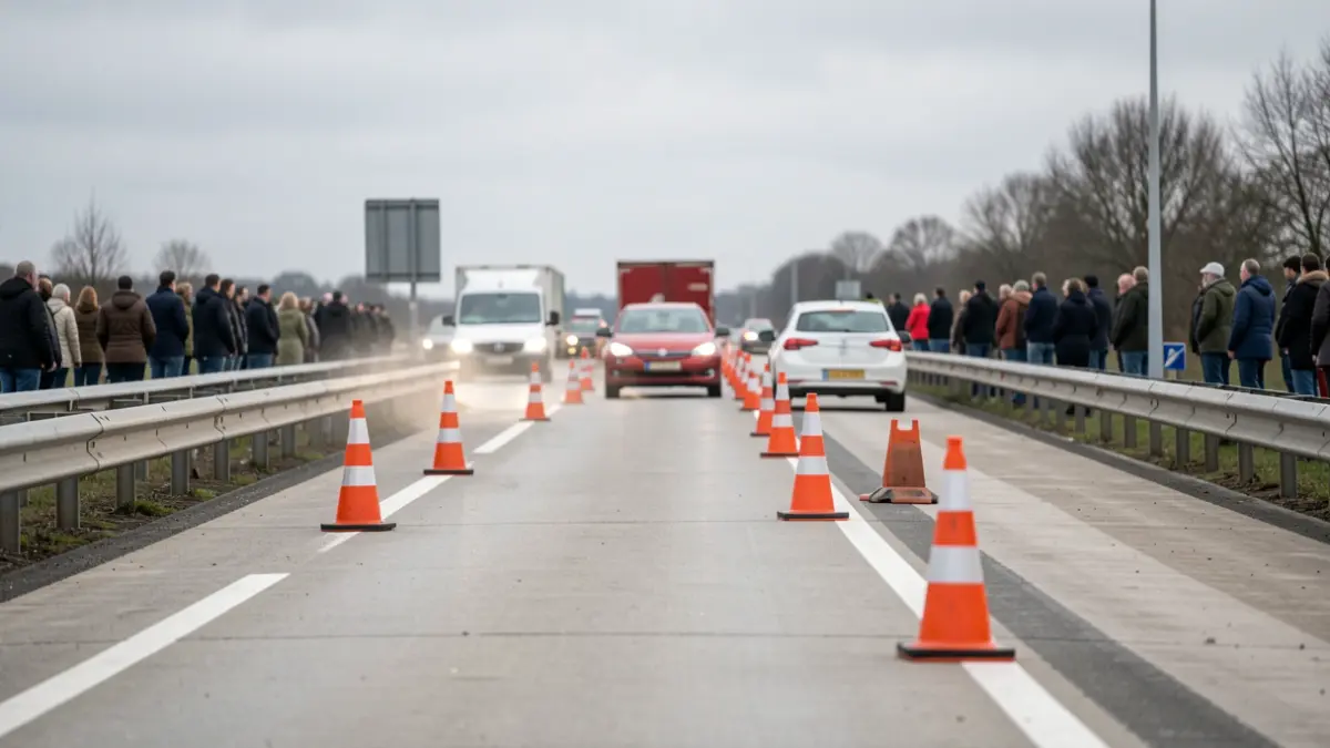 Generic image of roadworks on a concrete highway in Flanders with traffic cones and barriers.