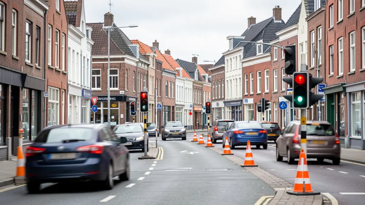 Wegenwerken op een kruispunt in een Vlaamse gemeente met tijdelijke verkeerslichten en omleidingen.