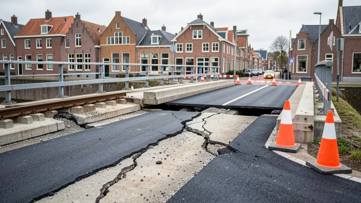 Railway bridge repair works with new asphalt layers and traffic disruption.