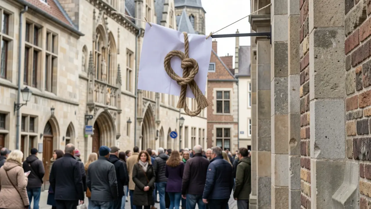 A white sheet with a knot hangs on the facade of a town hall, symbolizing the fight against poverty.