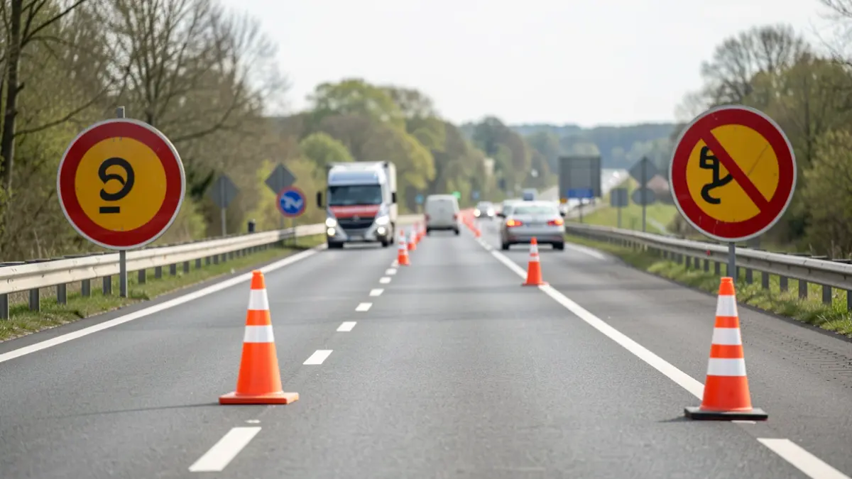 Generic image of roadworks on a Flemish highway with traffic signage.