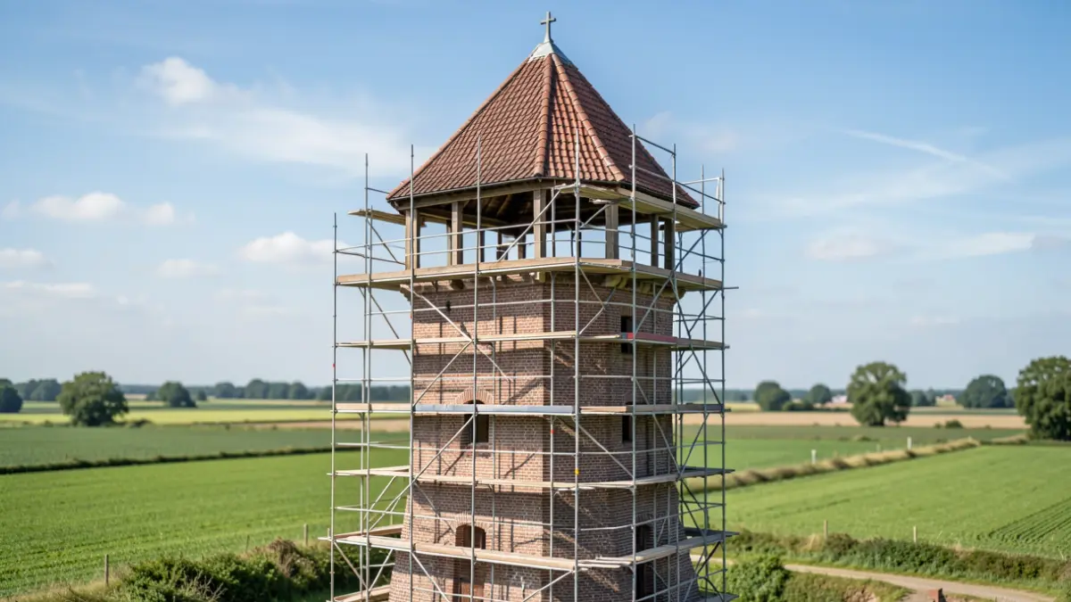 Historical mine shaft tower in Heusden-Zolder during renovation with scaffolding and new spaces.