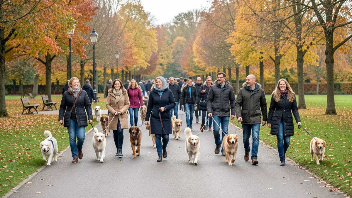 Groep wandelaars met honden in een Vlaams park tijdens de herfst.