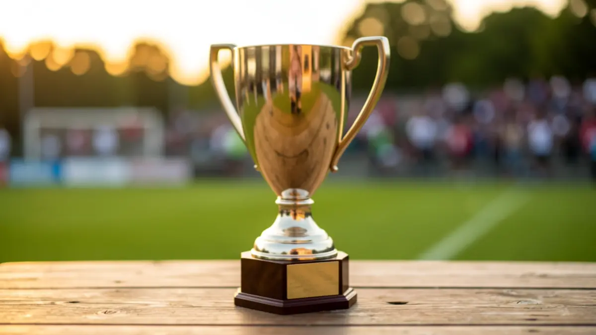 Generic image of a sports trophy on a wooden table with a green sports field in the background.