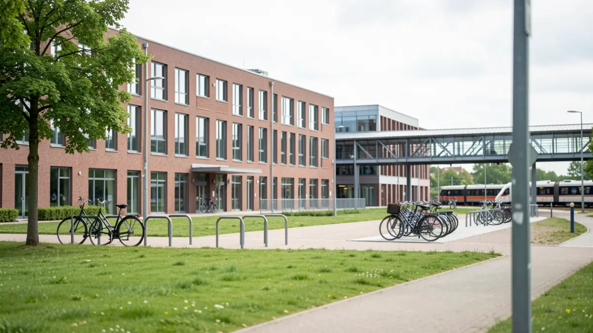 Moderne campus van een hogeschool naast een treinstation, met fietsenrekken en groen.