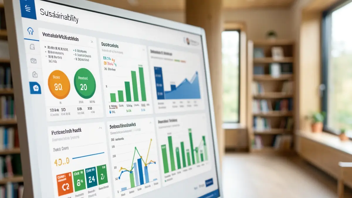 Een gedetailleerde afbeelding van een duurzaamheidsdashboard met grafieken en indicatoren, in een moderne universiteitsomgeving.