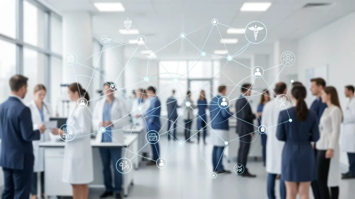 Abstract representation of healthcare research and development with data streams and medical symbols.