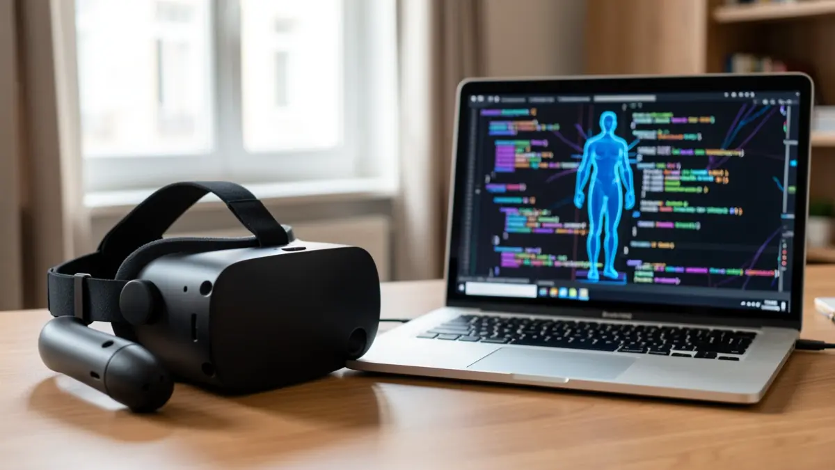 Generieke afbeelding van een VR-headset en controller naast een laptop met code en een avatar.