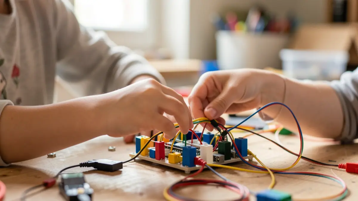 Kind dat experimenteert met elektronica en bouwmaterialen in een maker space.