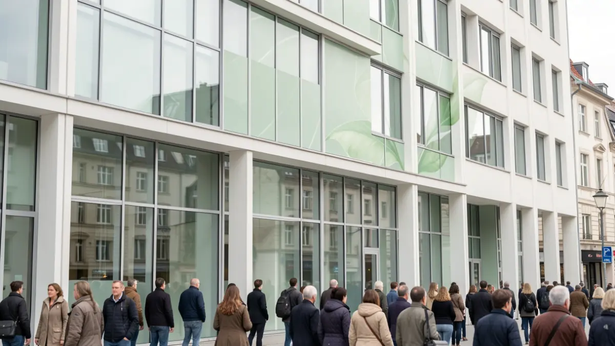 Modern building facade with large windows, focusing on renovation and energy efficiency.