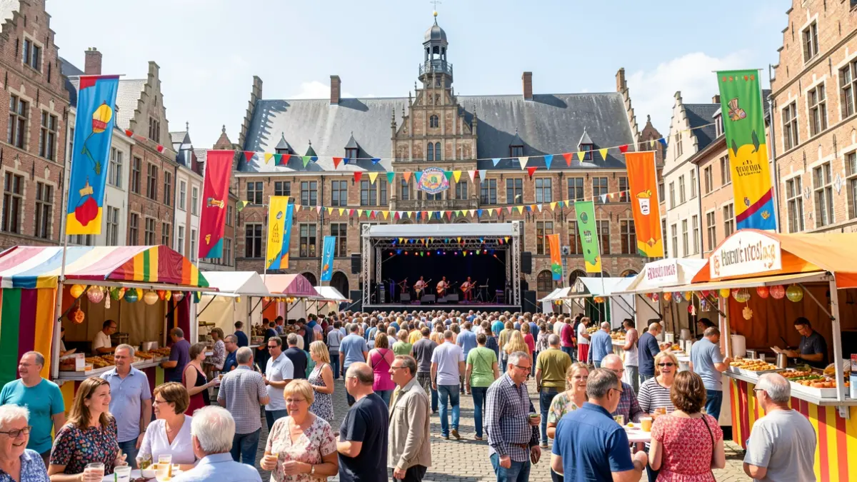 Festive crowd in a Flemish town square with music, food stalls, and typical architecture.