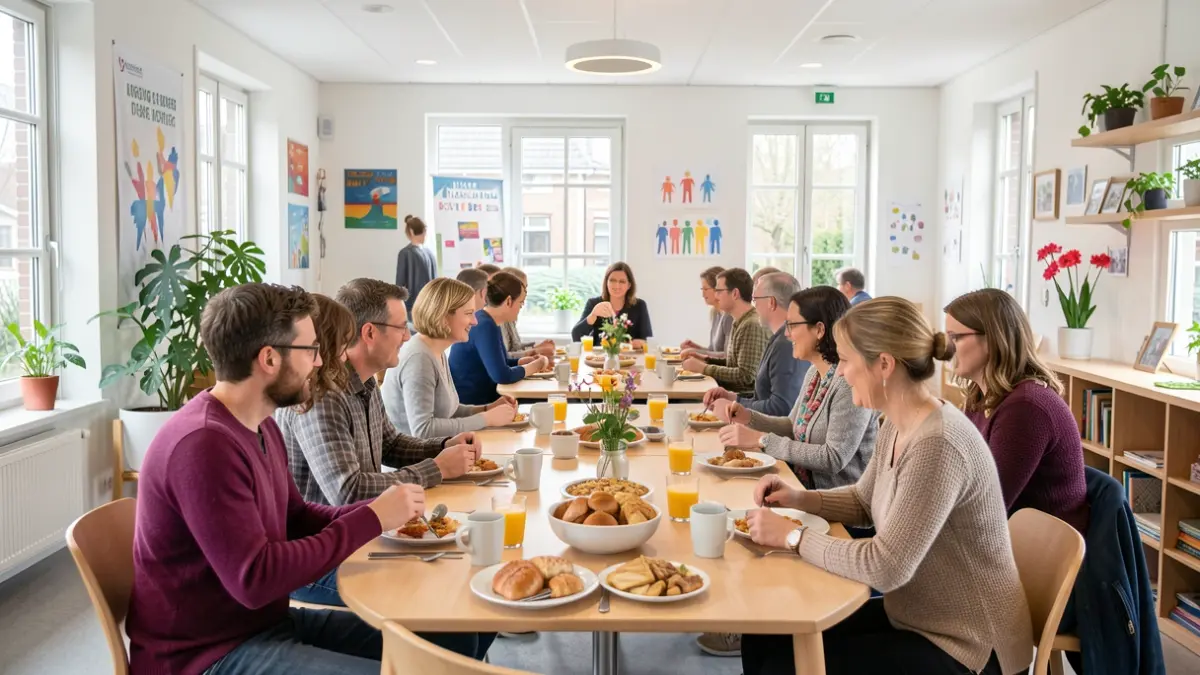 Groep mensen deelt ontbijt in gemeenschapscentrum ter ere van de Dag tegen Armoede.