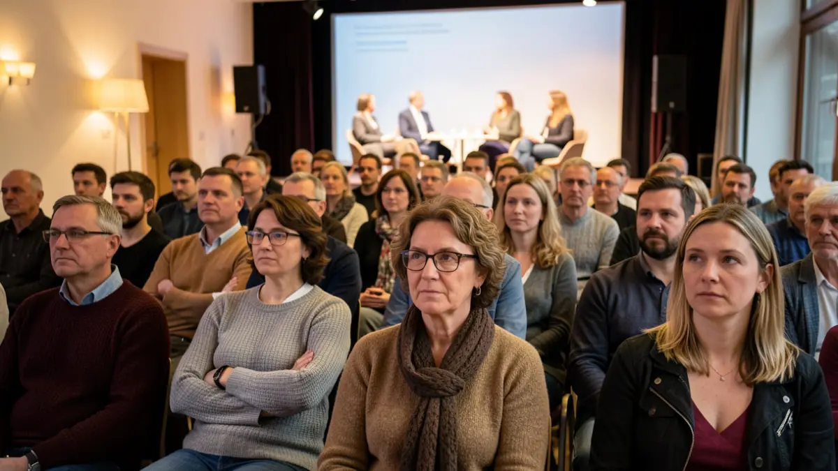Groep volwassenen op een infoavond over mentaal welzijn en verslaving.