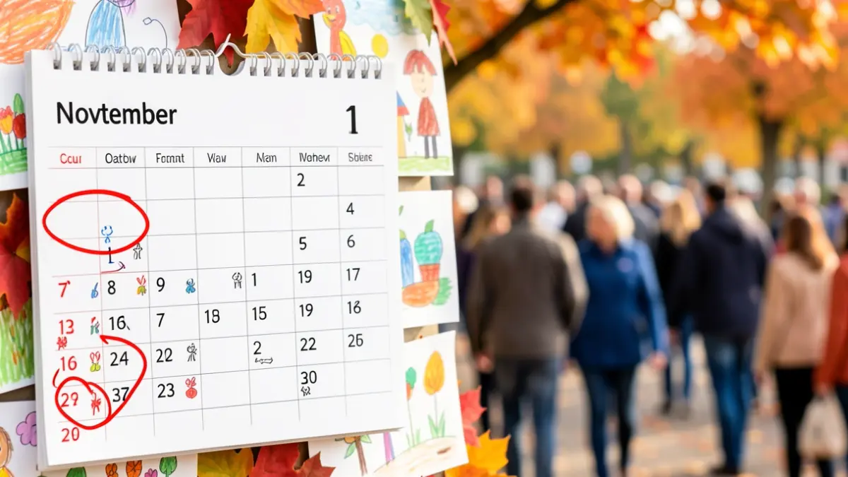 A calendar page showing October and November with important dates circled. The background is blurred and shows children's drawings and autumn leaves.