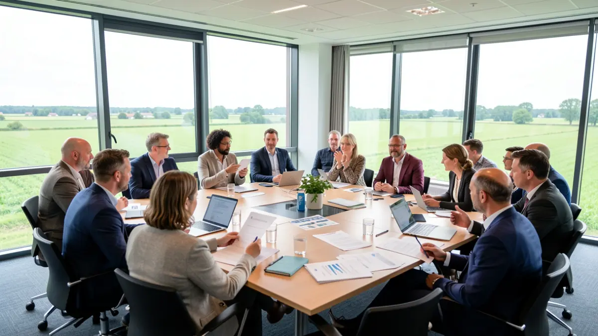 Een diverse groep mensen, waaronder lokale besturen en ondernemers, nemen deel aan een internationale conferentie in een moderne vergaderzaal met zicht op het Vlaamse platteland.