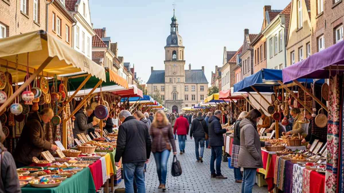 Lively annual market in Breendonk with stalls, visitors, and traditional architecture.