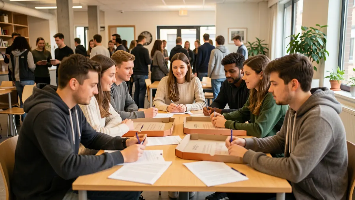 Group of young people collaborating around a table with pizza and papers in a youth center.