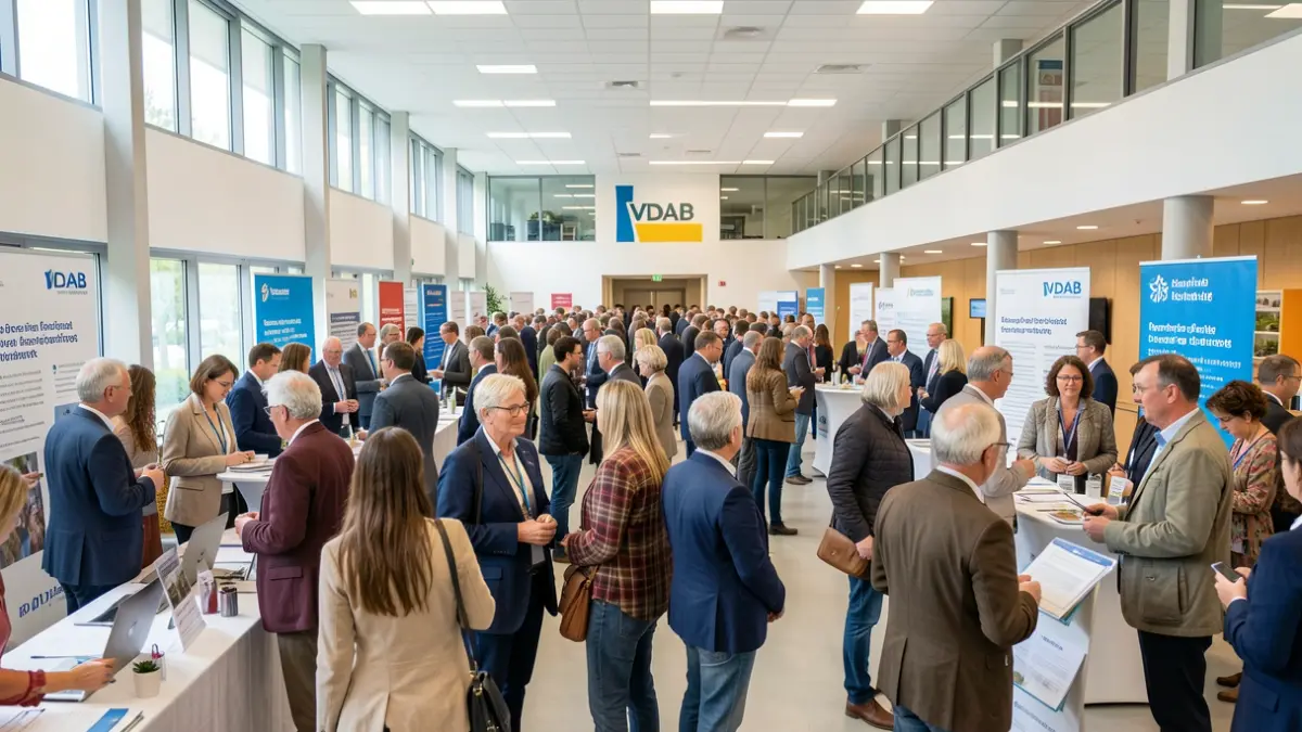 Een diverse groep mensen praat met werkgevers op een jobbeurs in een Vlaamse gemeenschapscentrum.