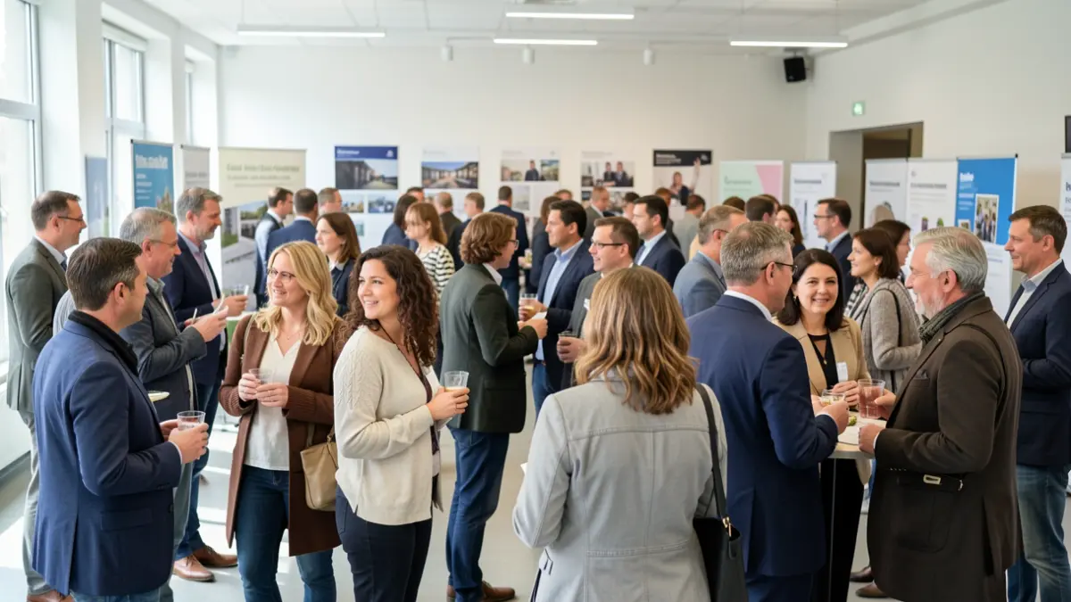 Generieke afbeelding van een jobbeurs met werkzoekenden en werkgevers die met elkaar praten in een modern centrum.