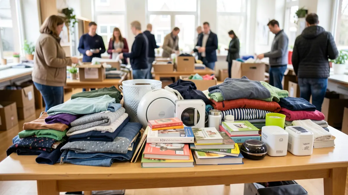 Een stapel herbruikbare spullen zoals kleding, boeken en kleine apparaten, netjes gerangschikt op een tafel in een gemeenschapscentrum met op de achtergrond mensen die donaties sorteren.