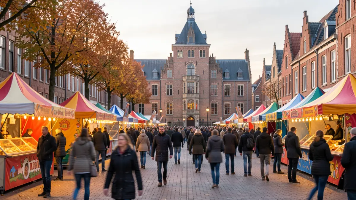 Een levendig dorpsplein in Vlaanderen tijdens de kermis, met kermisattracties en de gemeentehuis op de achtergrond.