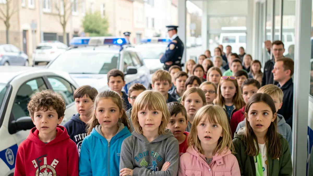 Kinderen verkennen een politiebureau tijdens een open dag.