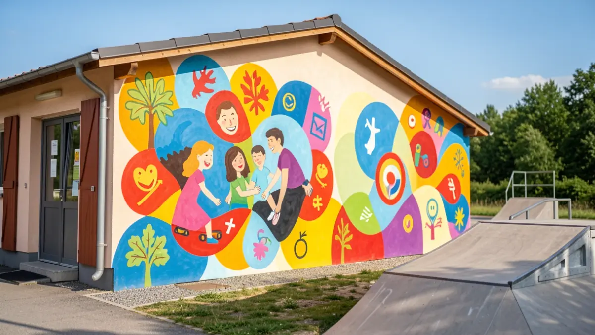 A vibrant, colorful mural with symbols of respect and friendship against bullying, on the facade of a scout building next to a skatepark.