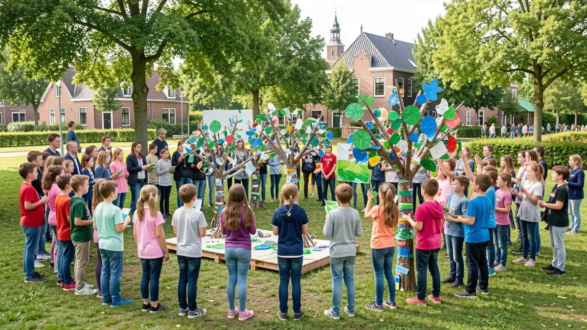 Children from different schools in Maldegem gather for a climate initiative event featuring recycled trees and a theater performance.