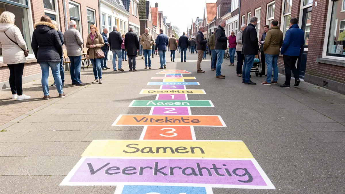Kleurrijke hinkelpaden getekend op een voetpad in Knokke-Heist met de boodschap 'Samen Veerkrachtig'.