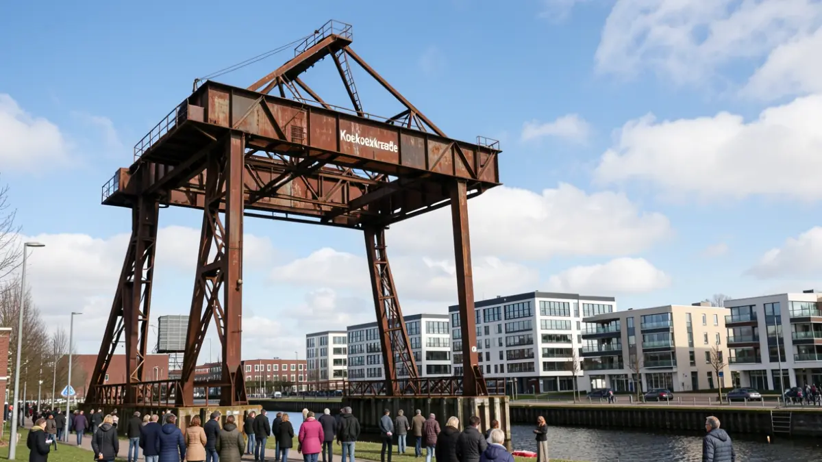 De Koekoekxkraan, een industriële portaalkraan in Vilvoorde, als symbool van het industriële verleden en de toekomstige stadsontwikkeling.