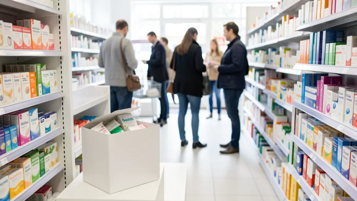 Inzamelbox voor menstruatieproducten in een apotheek.