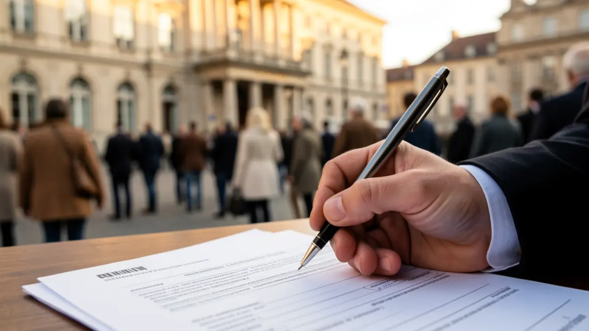 A hand holding a pen, about to write on a form with a subtle city hall building blurred in the background, warm lighting, documentary style.