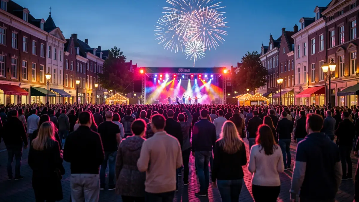 Festive atmosphere at Nelson Mandelaplein in Kortrijk during Student Welcome, with a large crowd, stage lights, and fireworks.