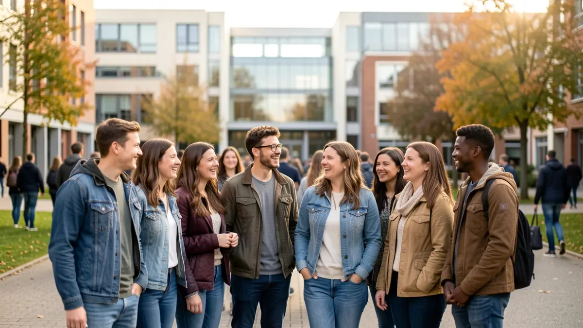 Group photo of diverse students on a campus, with modern buildings in the background.