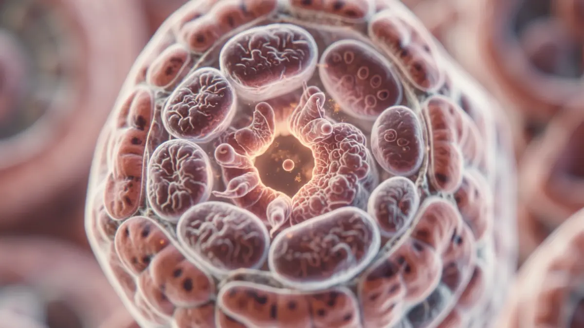 Detailed microscopic view of specialized placental cells with a subtle glow.