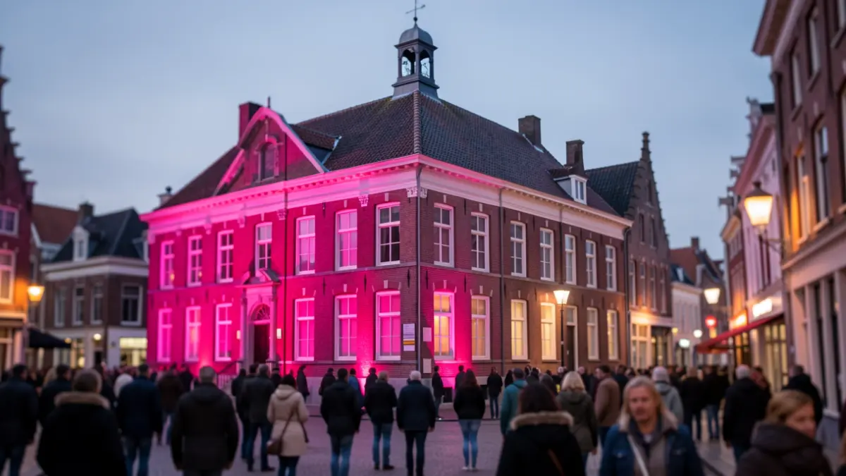 Een gemeentehuis in Vlaanderen dat roze wordt verlicht als teken van solidariteit tegen borstkanker.