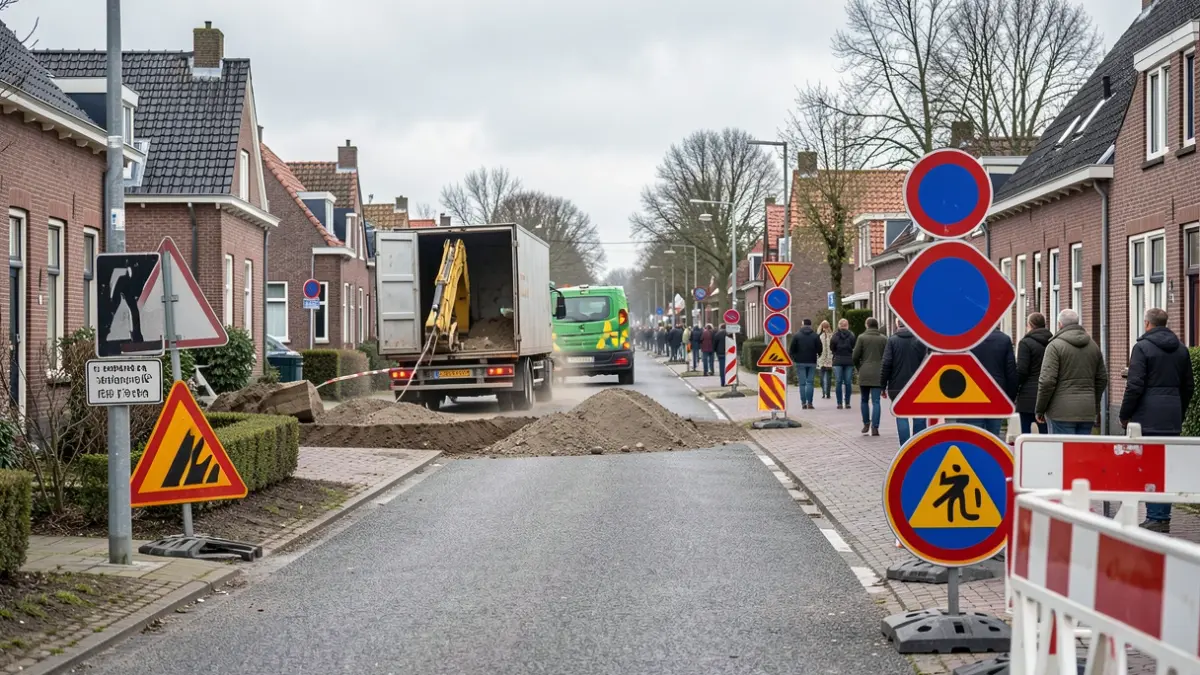 Wegwerkzaamheden in een Vlaams dorp met tijdelijke verkeersborden en barrières, een bouwkeet zichtbaar, bewolkte hemel, documentaire stijl.