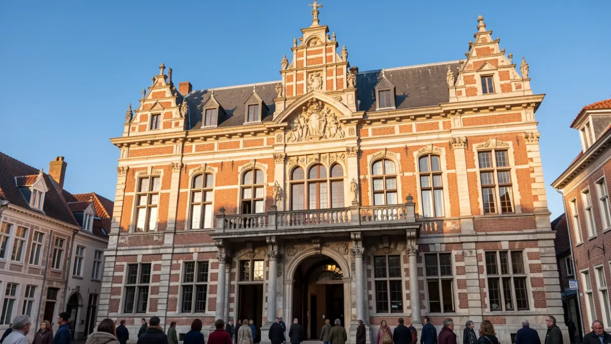 Stenen gevel van een Vlaams stadhuis met een balkon, in warm middaglicht onder een blauwe hemel.