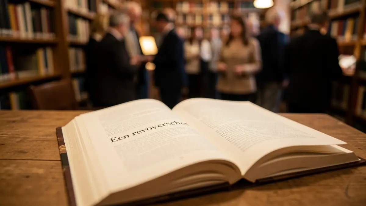 Een close-up van een open boek met de titel 'Een revolverschot' op de pagina, rustend op een houten tafel. Zacht, warm licht verlicht de scène, wat een gezellige leesatmosfeer creëert. De achtergrond is vervaagd, wat suggereert een bibliotheek of rustige kamer.