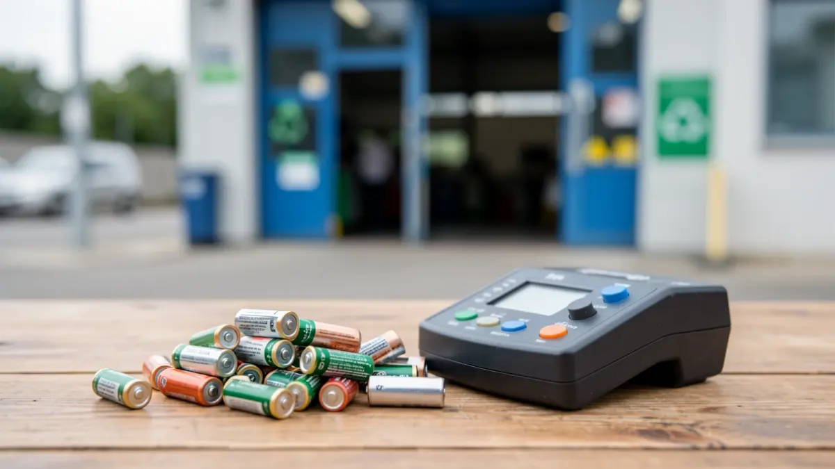 Een stapel lege batterijen naast een batterijtester op een houten tafel, met een wazige achtergrond van de ingang van een recyclagepark, zacht daglicht.